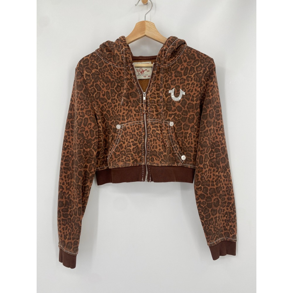 True Religion Hoodie Small Brown Leopard Print Rhinestone Logo Cropped Zip Up